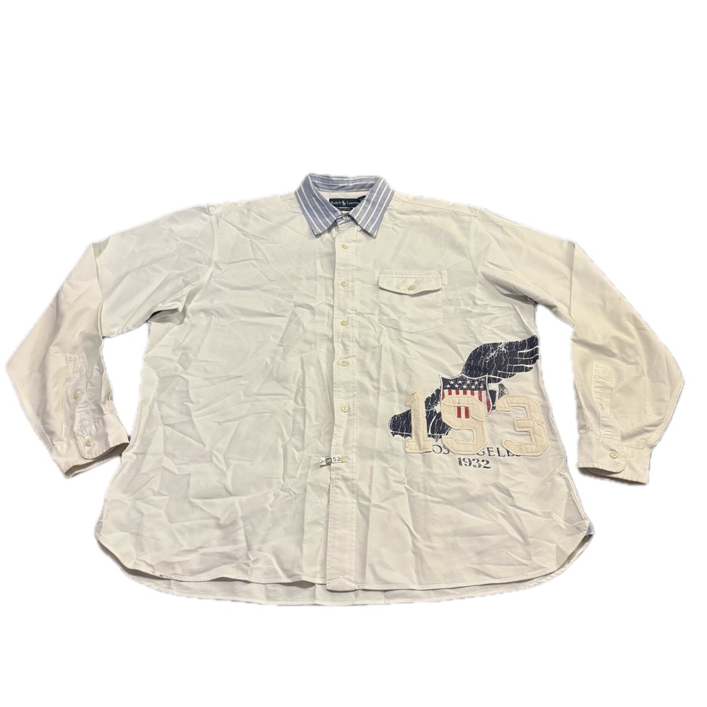 Ralph Lauren Mens XXL Stadium White Button Down Shirt Los Angeles 1932 Eagle Vtg